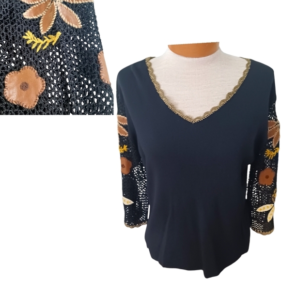 Vintage Womens Knit Sleeve Blouse Size Large/ Extra Large Black Floral Boho NWOT - Picture 1 of 8